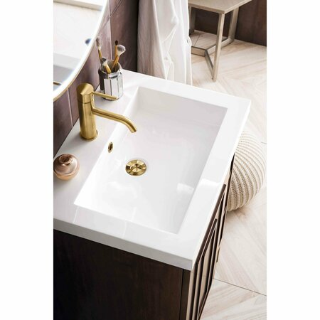 James Martin Vanities Alicante 24in Single Vanity, Mid-Century Acacia, Radiant Gold w/ White Glossy Composite Stone Top E110V24MCARGDWG